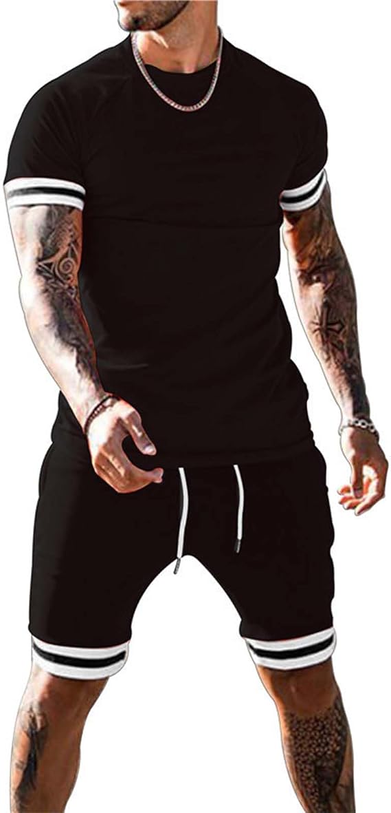 Mens Short Sets 2 Piece Outfits Fashion Short Sleeve Summer Tracksuits Casual Set with Pockets
