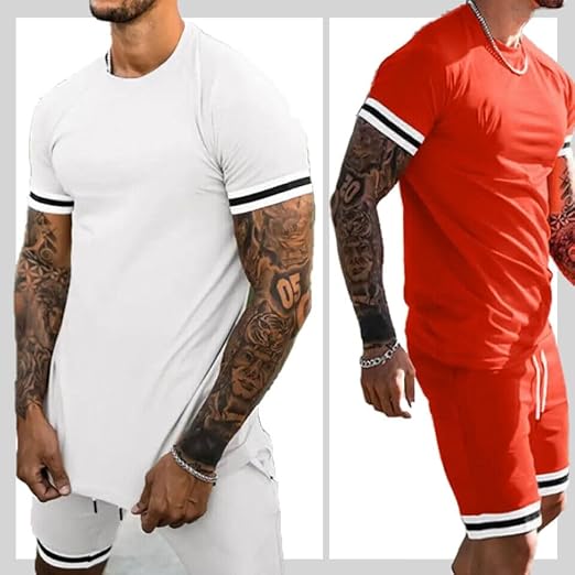 Mens Short Sets 2 Piece Outfits Fashion Short Sleeve Summer Tracksuits Casual Set with Pockets