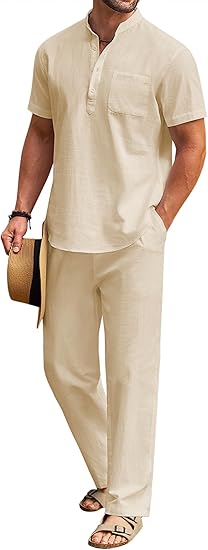 Men's 2 Pieces Cotton Linen Set Casual Short Sleeve Henley Shirts Beach Yoga Pants Summer Outfits