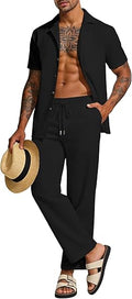 Mens 2 Piece Linen Set Summer Beach Button Down Short Sleeve Shirt Long Pant Vacation Casual Outfit