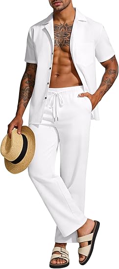 Mens 2 Piece Linen Set Summer Beach Button Down Short Sleeve Shirt Long Pant Vacation Casual Outfit