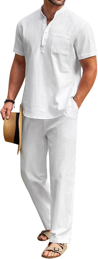 Men's 2 Pieces Cotton Linen Set Casual Short Sleeve Henley Shirts Beach Yoga Pants Summer Outfits