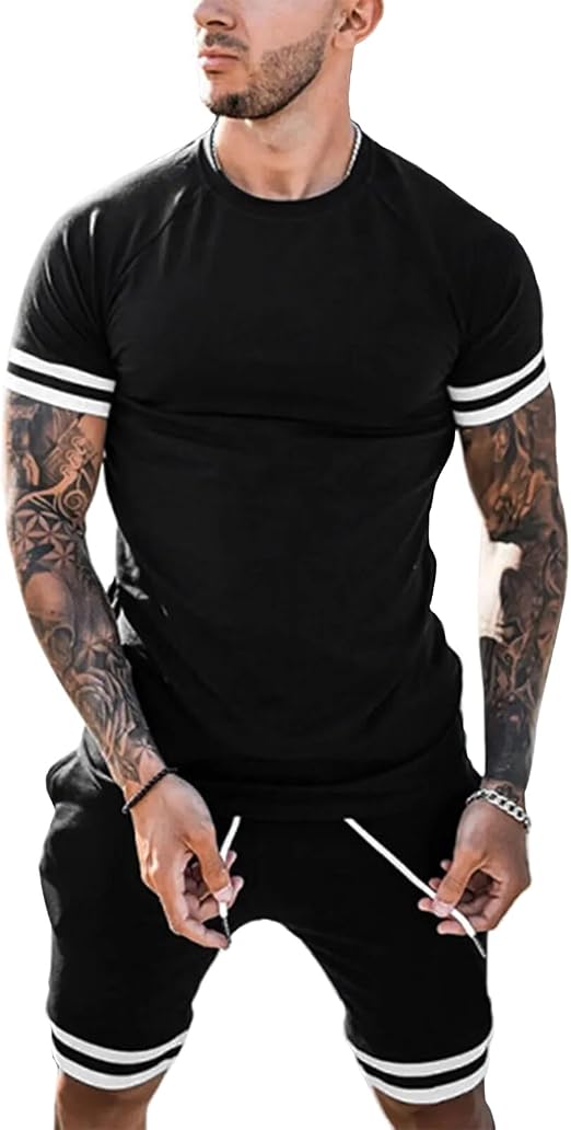 Mens Short Sets 2 Piece Outfits Fashion Short Sleeve Summer Tracksuits Casual Set with Pockets
