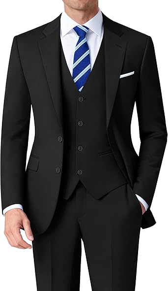 Mens Stretch Suit Slim Fit 3-Piece, 2 Buttons Jacket Vest Adjustable Waist Pants