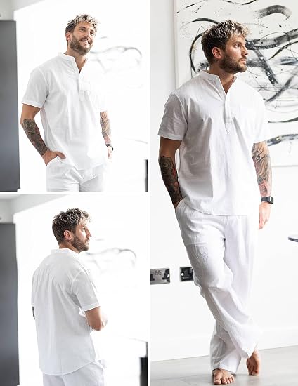 Men's 2 Pieces Cotton Linen Set Casual Short Sleeve Henley Shirts Beach Yoga Pants Summer Outfits