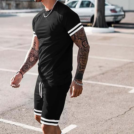 Mens Short Sets 2 Piece Outfits Fashion Short Sleeve Summer Tracksuits Casual Set with Pockets