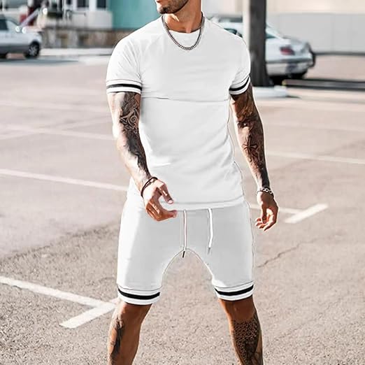 Mens Short Sets 2 Piece Outfits Fashion Short Sleeve Summer Tracksuits Casual Set with Pockets