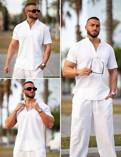 Men's 2 Pieces Cotton Linen Set Casual Short Sleeve Henley Shirts Beach Yoga Pants Summer Outfits
