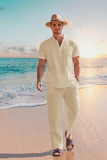 Men's 2 Pieces Cotton Linen Set Casual Short Sleeve Henley Shirts Beach Yoga Pants Summer Outfits