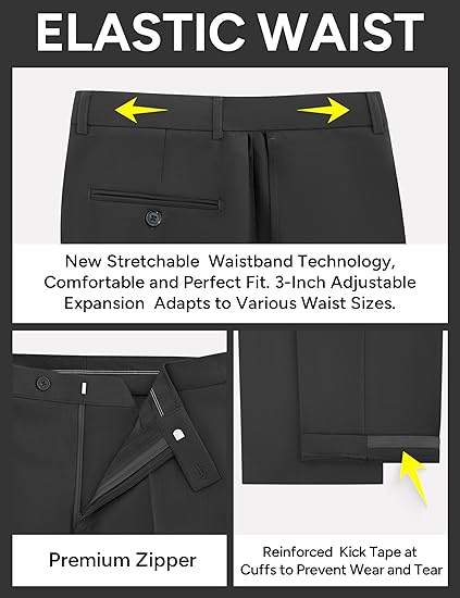 Mens Stretch Suit Slim Fit 3-Piece, 2 Buttons Jacket Vest Adjustable Waist Pants