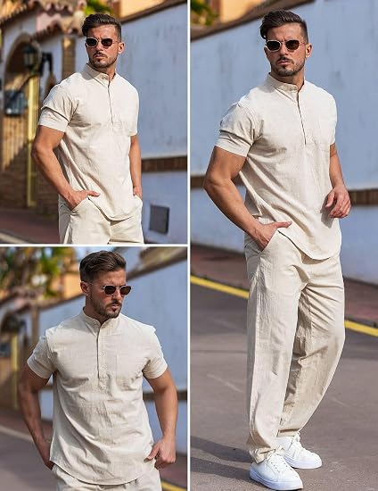 Men's 2 Pieces Cotton Linen Set Casual Short Sleeve Henley Shirts Beach Yoga Pants Summer Outfits