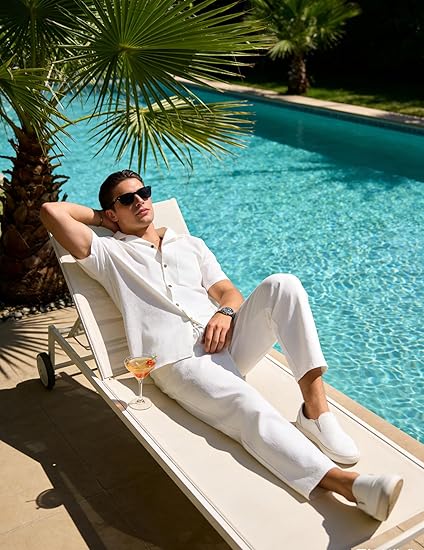Mens 2 Piece Linen Set Summer Beach Button Down Short Sleeve Shirt Long Pant Vacation Casual Outfit