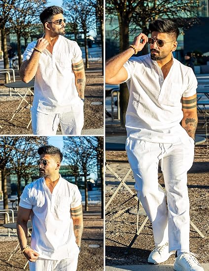 Men's 2 Pieces Cotton Linen Set Casual Short Sleeve Henley Shirts Beach Yoga Pants Summer Outfits